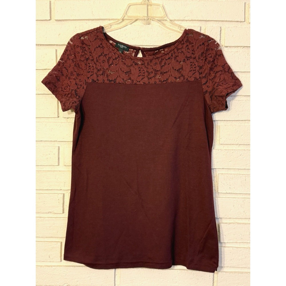 Talbots Women Burgundy Solid Lace Yoke Stretch Short Sleeve T-Shirt Size Sp